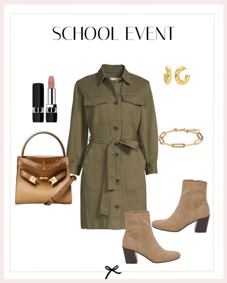 Fall school event outfit idea. I love this utility dress and booties. 