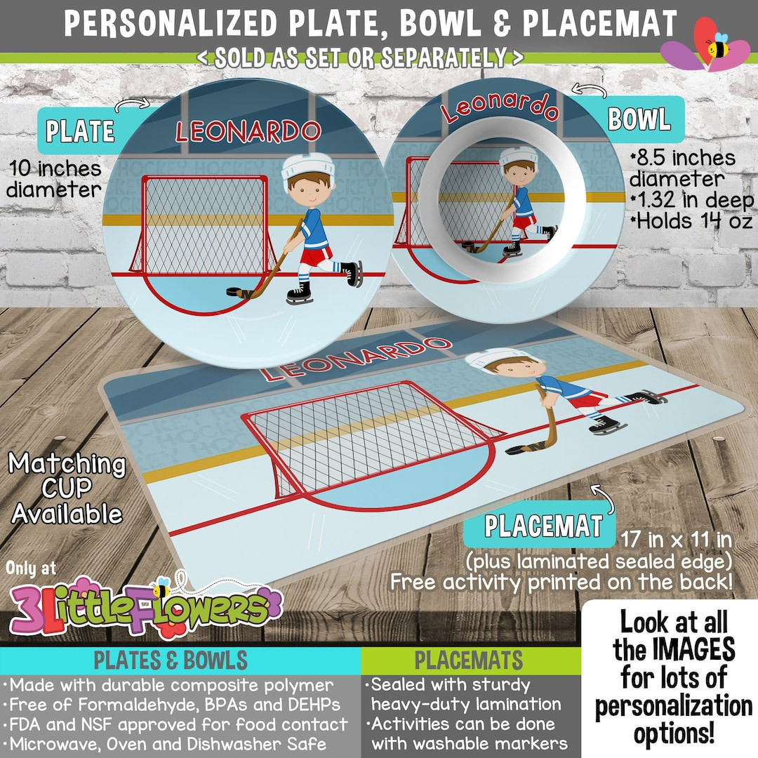 Hockey Player Plate and Bowl Set Personalized Plastic Children Plate Cereal Bowl Choose HAIR SKIN... | Etsy (US)