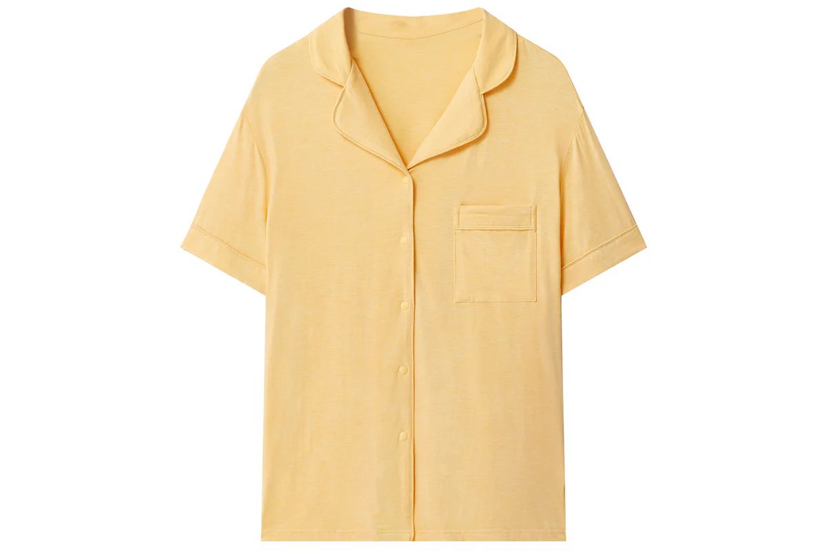 Women's Bamboo Jersey Short Sleeve Button-Up Shirt - Pantone Sunset Gold | Nest Designs