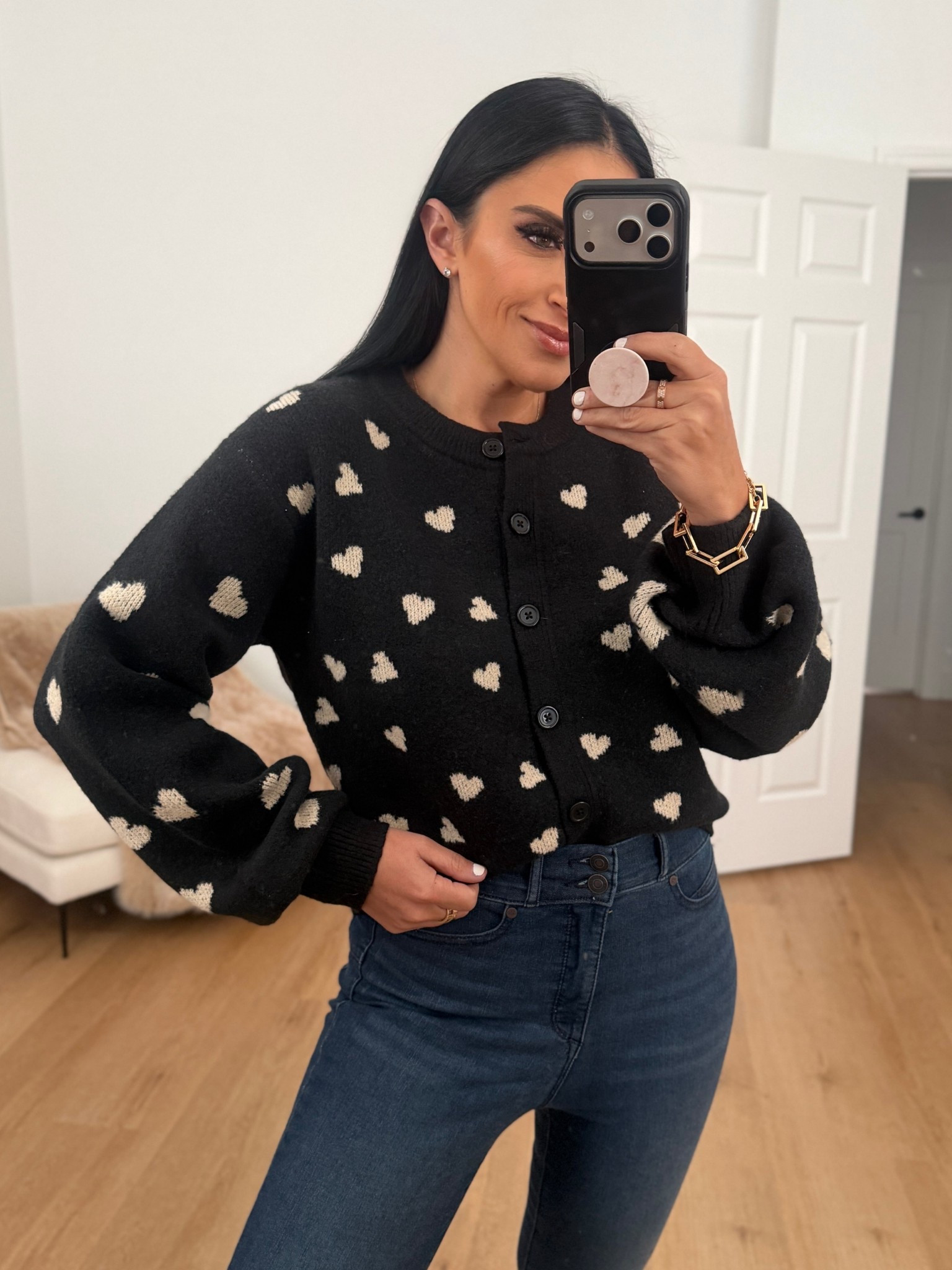 Women's Heart Print cardigan - A New Day™ Black wearing size mediumm