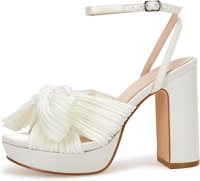 VETASTE Women's Pleated Bow Knot Platform Heeled Sandals Open Toe Chunky Block Heel Ankle Buckle ... | Amazon (US)