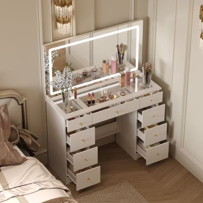 Famapy Elegant White Vanity: Large Mirror, Glass Top & Abundant Storage Vanity Table Makeup Vanity Desk Dressing Table Dresser | Target