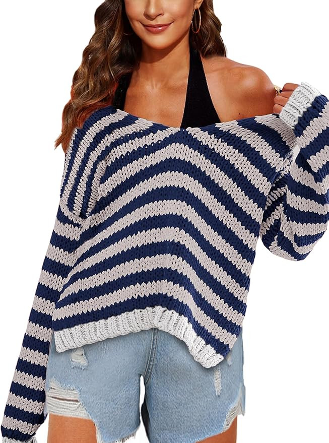 Athlisan Womens Oversized Long Sleeve Knitwear Deep V Neck Casual Striped Pullover | Amazon (US)