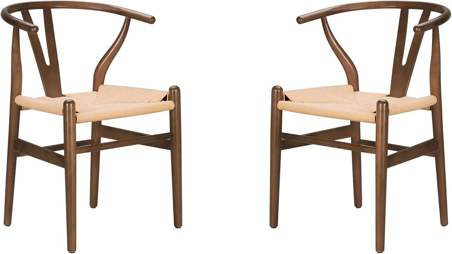 Poly and Bark Weave Modern Wooden Mid-Century Dining Chair, Hemp Seat, Walnut (Set of 2) | Amazon (US)