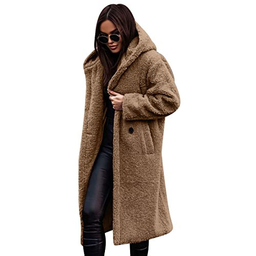 Trench Coats For Women Long Fur Coat Fleece Long Teddy Coat For Womens Winter Coats Casual Lapel Long Sleeve Fleece Faux Fur Jacket Pea Coat Brown Fur Coat Camel M | Amazon (US)
