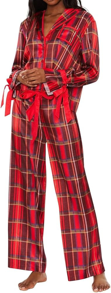Womens Satin Silk Bow Tie Pajamas Cute Holiday Pjs Set Y2k Ribbon Sleeve Pajama Shirt Ruffle Pant... | Amazon (US)