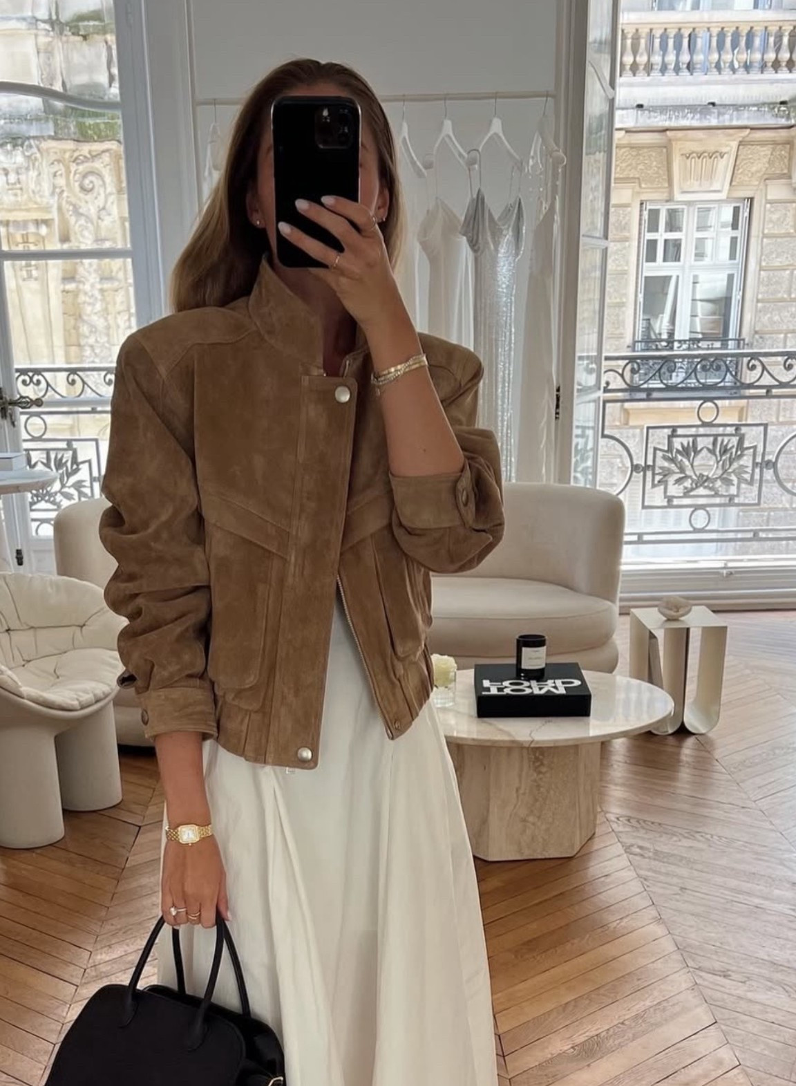 REAL SUEDE LEATHER JACKET ❤️‍🔥 wearing size small. Structured fit 
Tags: spring outfit inspo chic women’s style beige sand pocket detail neutral Parisian bomber 

#LTKstyletip