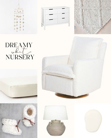 White nursery decor inspo. The dresser is really affordable so you can splurge on the chair and rug! 

#LTKbaby #LTKkids #LTKhome