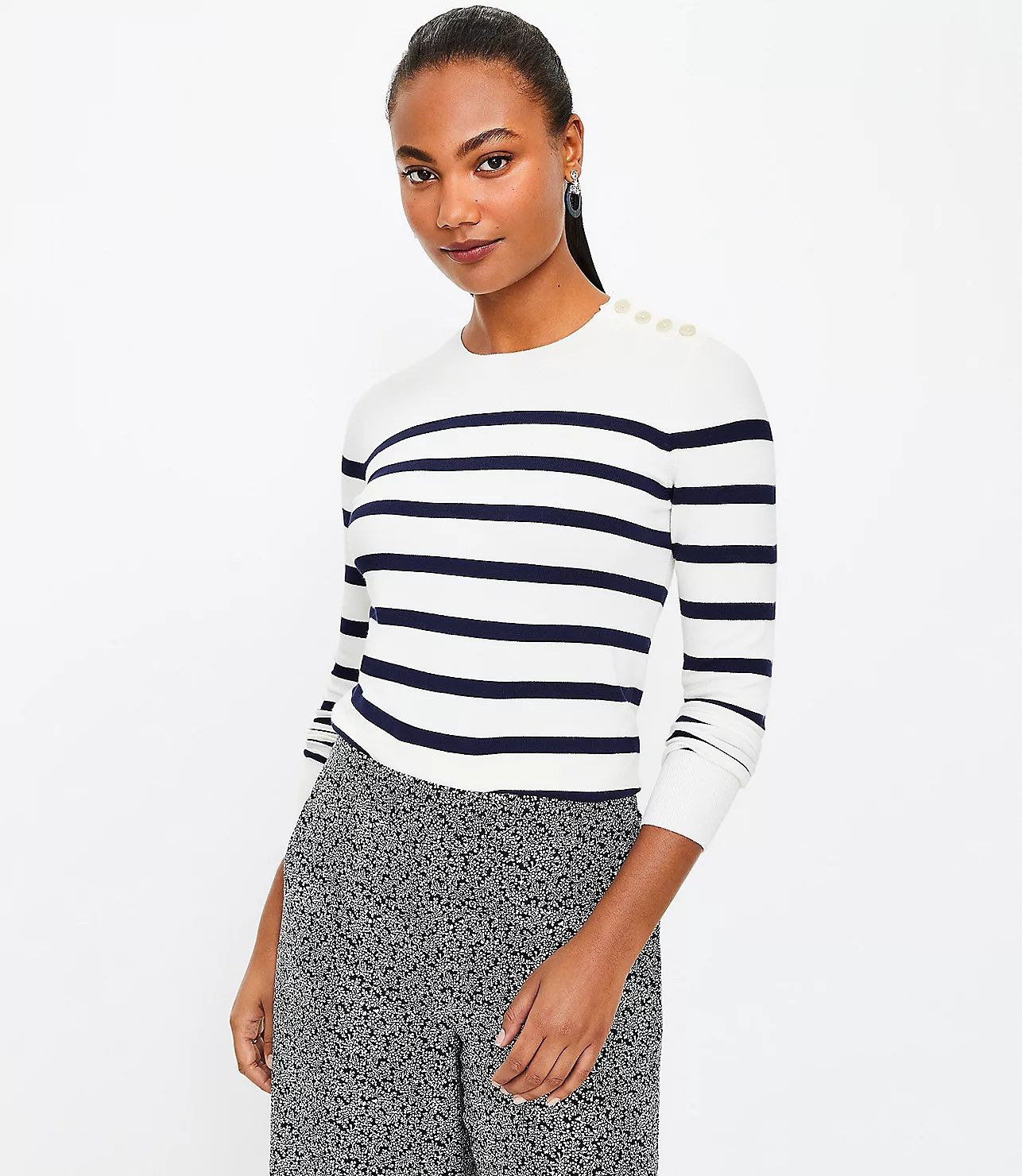 Striped Shoulder Button Sweater | LOFT