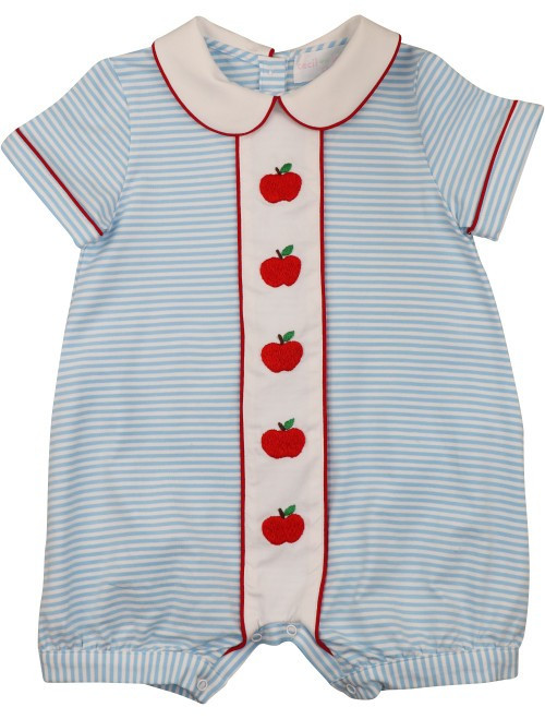 Blue Stripe Knit Apple Short Romper | Cecil and Lou