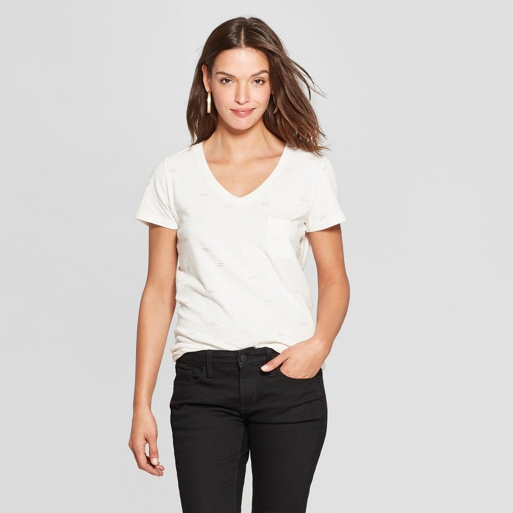 Women's Bow Print Monterey Pocket V-Neck Short Sleeve T-Shirt - Universal Thread White XXL | Target