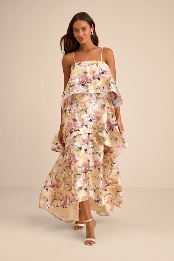 Daneli Yellow Multi Floral Jacquard Tiered Maxi Dress | Lulus