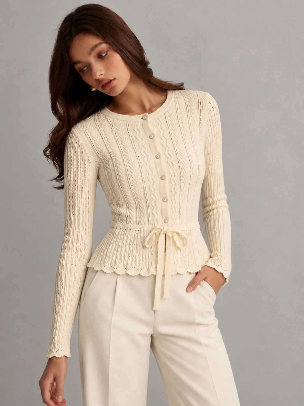 Cable Knit Tie‑Waist Scallop Hem Cardigan | Commense