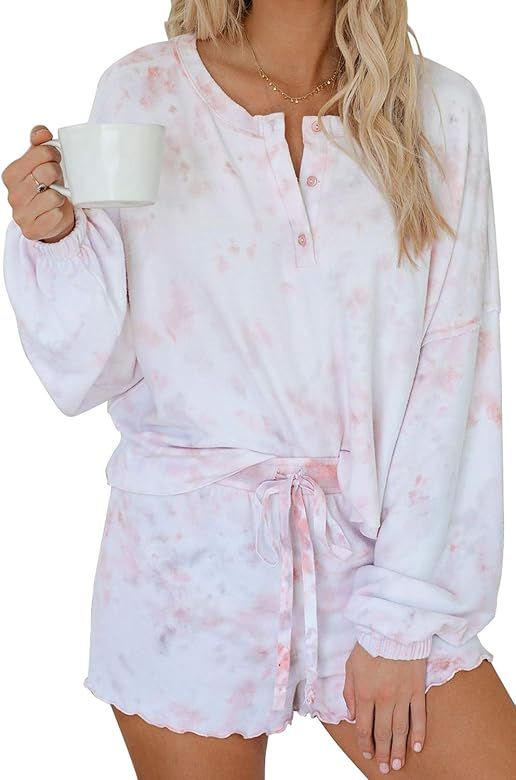 Women's Tie-Dye Pajama-Sets Long-Sleeve Tee Tops and Ruffle Short PJ Set Loungewear Nightwear Sle... | Amazon (US)