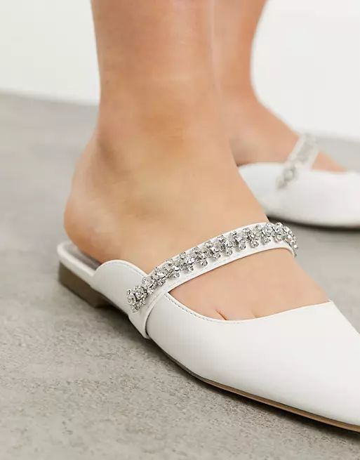 London Rebel bridal pointed flat mules with embellishment in white | ASOS (Global)