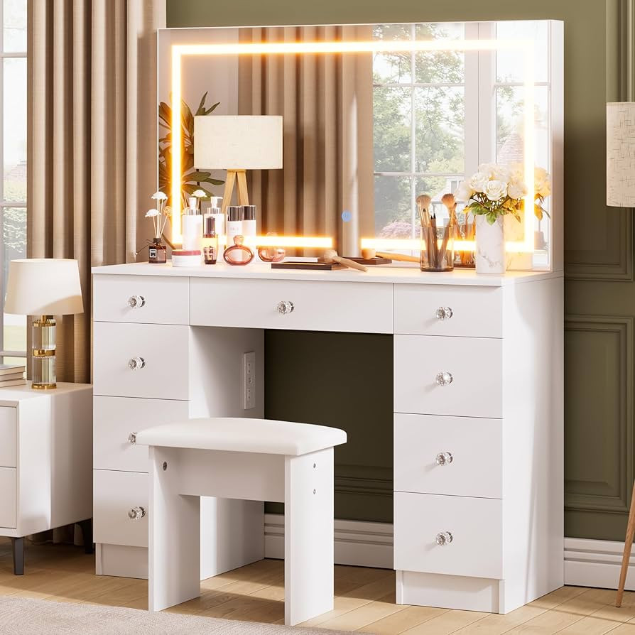 SMOOL Vanity with Mirror and Lights - Vanity Desk with Power Outlet and 9 Drawers, 3 Color Lighti... | Amazon (US)