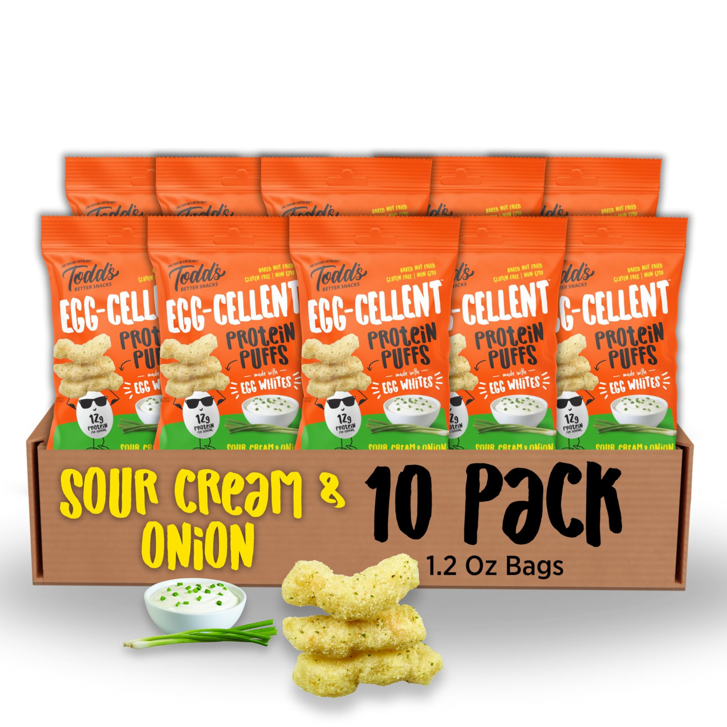 Todd's Better Snacks Egg-Cellent Protein Puffs, Sour Cream & Onion, 1.2 Oz (Pack of 10), Made wit... | Amazon (US)