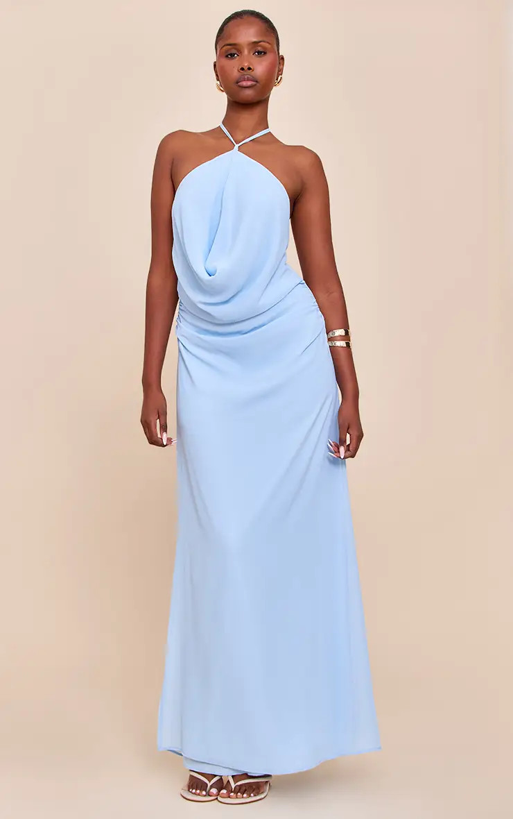 Light Blue Chiffon Halterneck Maxi Dress | PrettyLittleThing | PrettyLittleThing UK