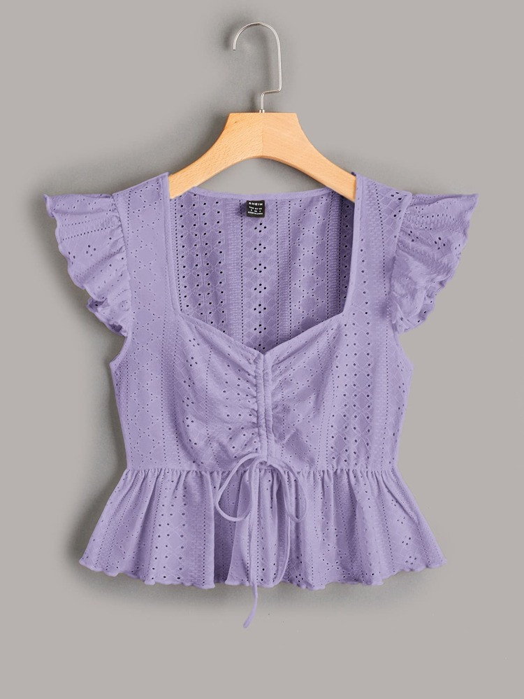 SHEIN VCAY Butterfly Sleeve Lettuce Trim Drawstring Peplum Schiffy Blouse | SHEIN