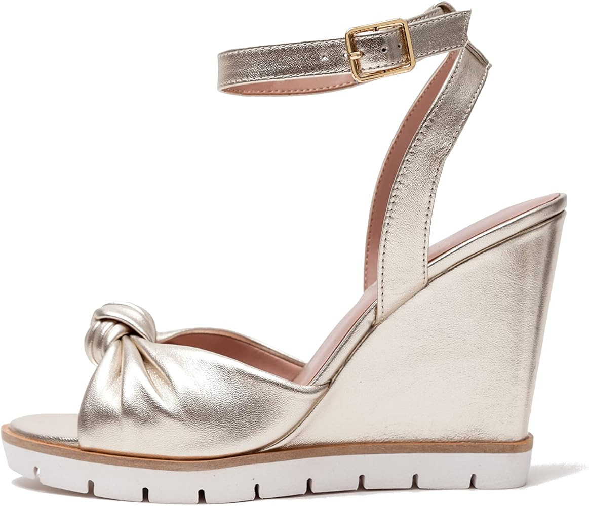 Linea Paolo - ELIANA - Womens Glam Twisted Bow Leather High Heel Wedge Sandals | Amazon (US)
