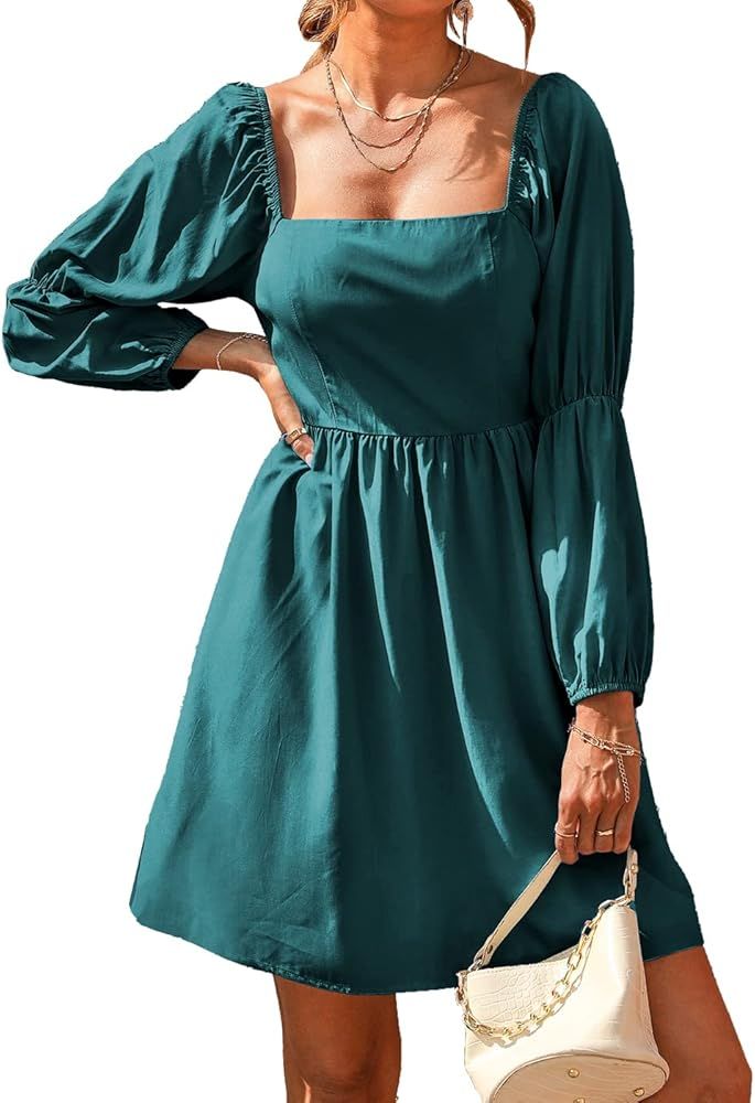 PRETTYGARDEN Women's Spring Long Puff Sleeve Babydoll Dress Casual Square Neck Elastic Waist Ruffle  | Amazon (US)