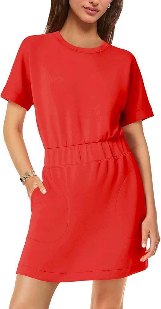 SENSERISE Womens Short Sleeve T Shirt Dresses Crew Neck Solid Color Basic Smocked Waist Dress wit... | Amazon (US)