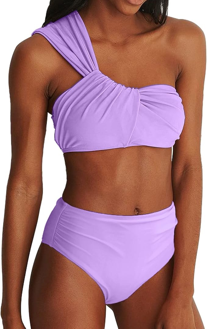 Womens One Shoulder Bikini Sets Ruched High Waisted Swimsuit Two Piece High Cut Cheeky Bathing Su... | Amazon (US)