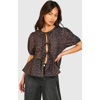 Womens Leopard Puff Sleeve Bow Tie Top - Brown - 10 | boohoo (US & Canada)