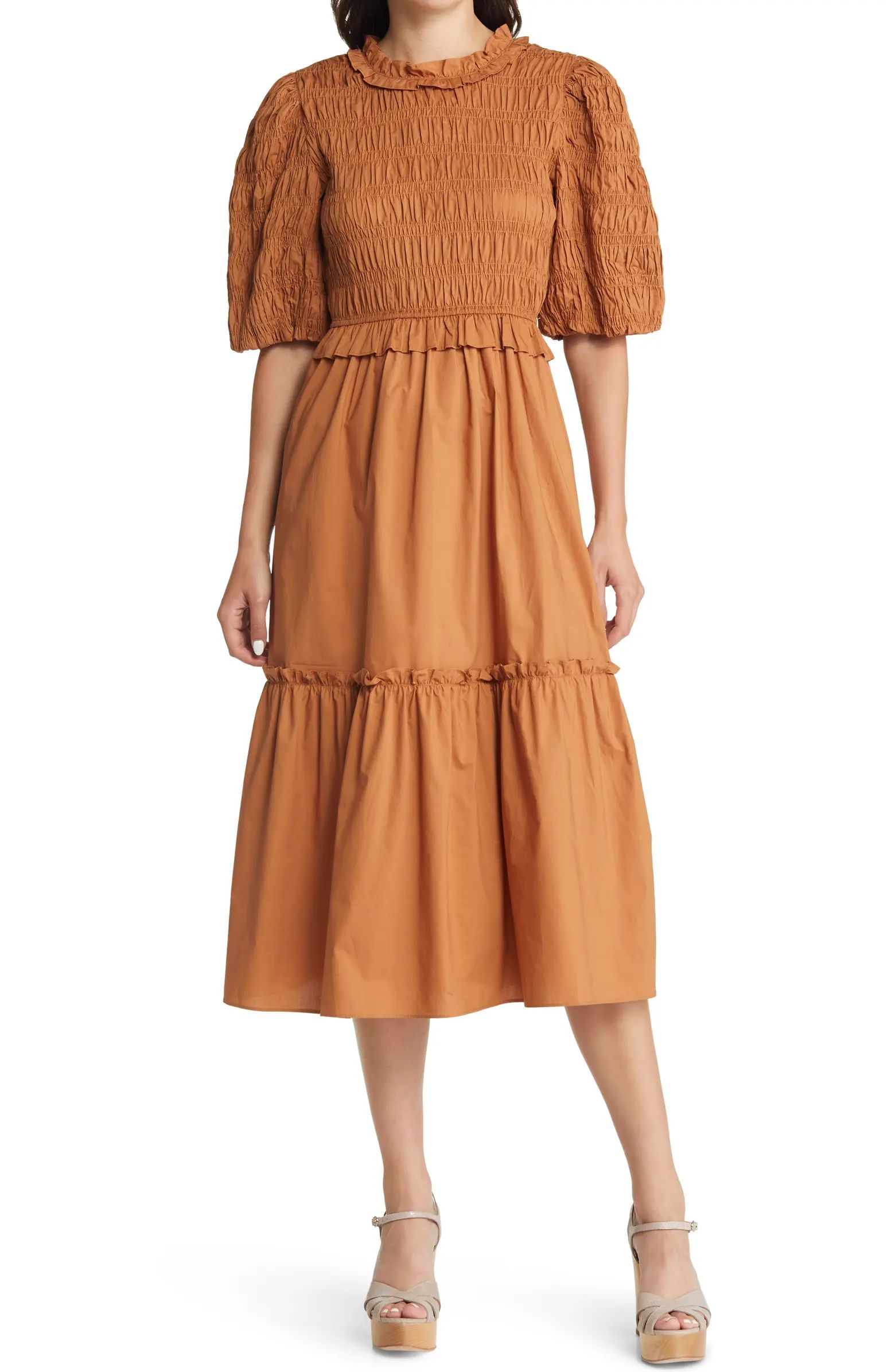 Smocked Puff Sleeve Midi Dress | Nordstrom