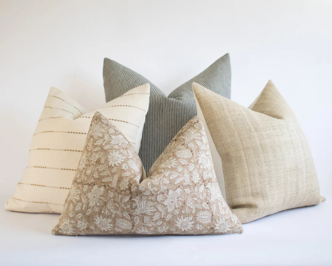 Neutral Pillow Combo Set, Block Printed Pillow Set, Designer Throw Pillow Combination Sectional, ... | Etsy (US)