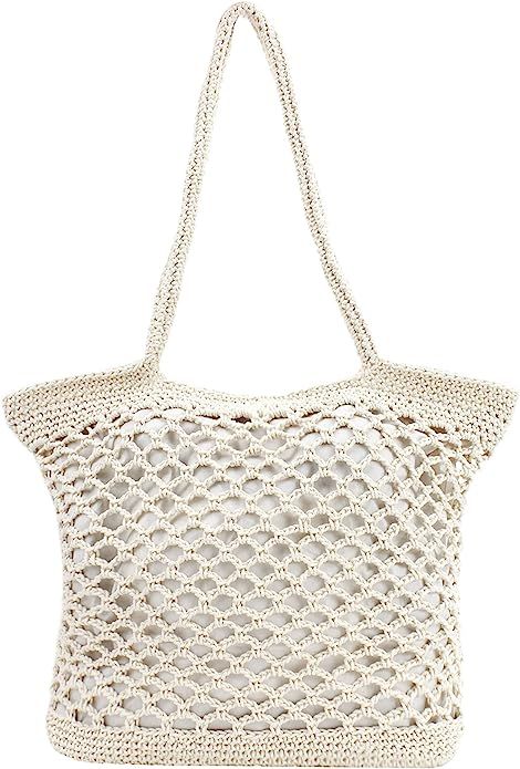 Women Cotton Crochet Handbag Top-handle Bag Summer Beach Tote Hobo Bag | Amazon (US)