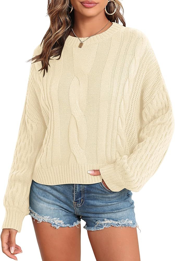 Women's Solid Knit Cable Sweater Casual Long Lantern Sleeve Pullover Crew Neck Knitted Tops | Amazon (US)