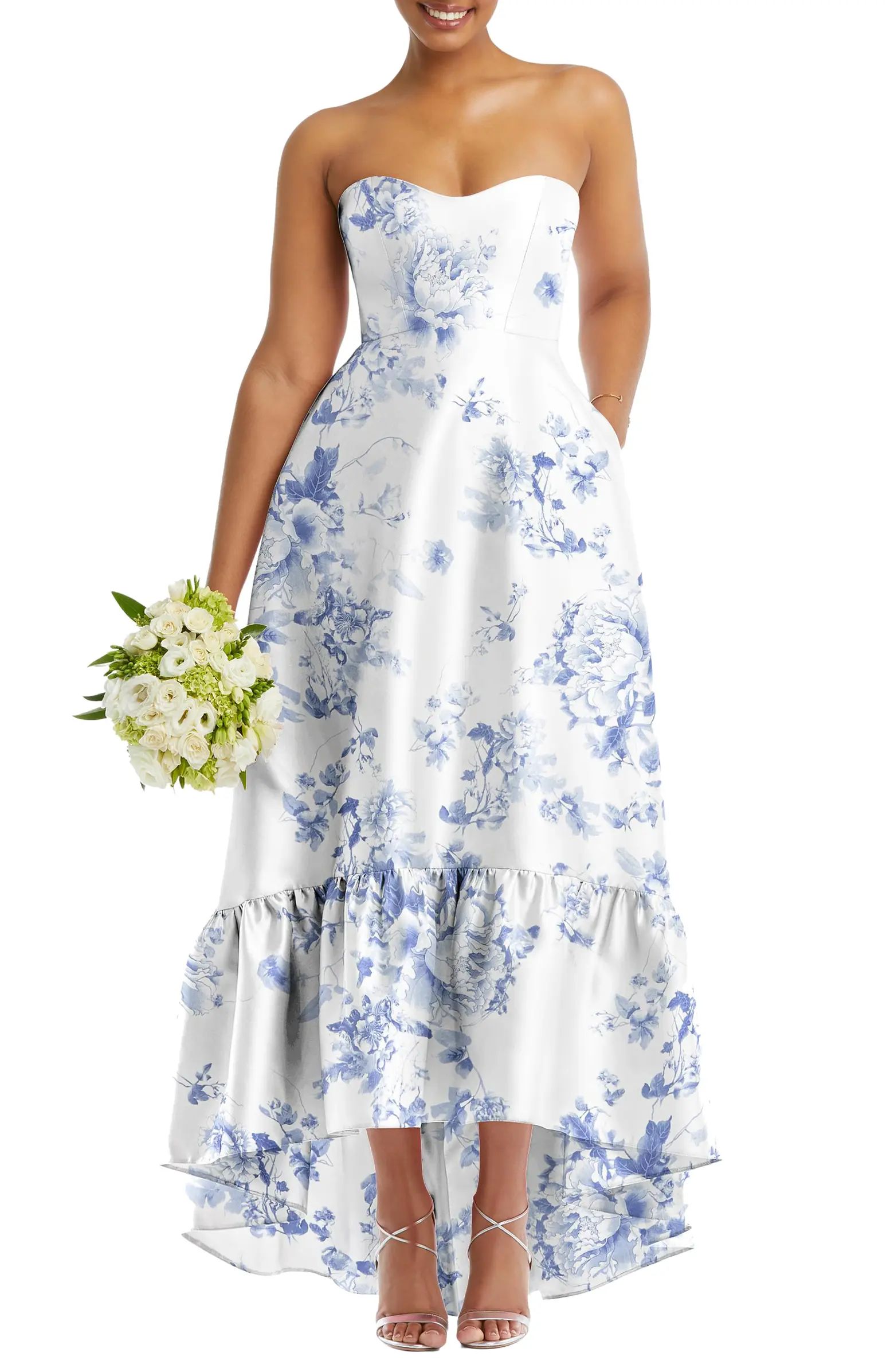 Strapless Floral Ruffle High-Low Gown | Nordstrom