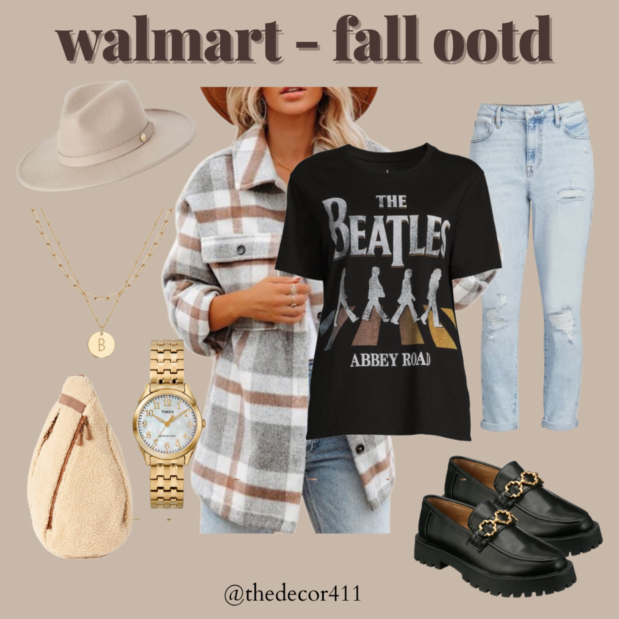Walmart fall OOTD
Walmart fall fashion 
Beatles graphic tee, loafers, denim jeans, Sherpa sling bag, bum bag, flannel, shacket, necklace, watch, hat