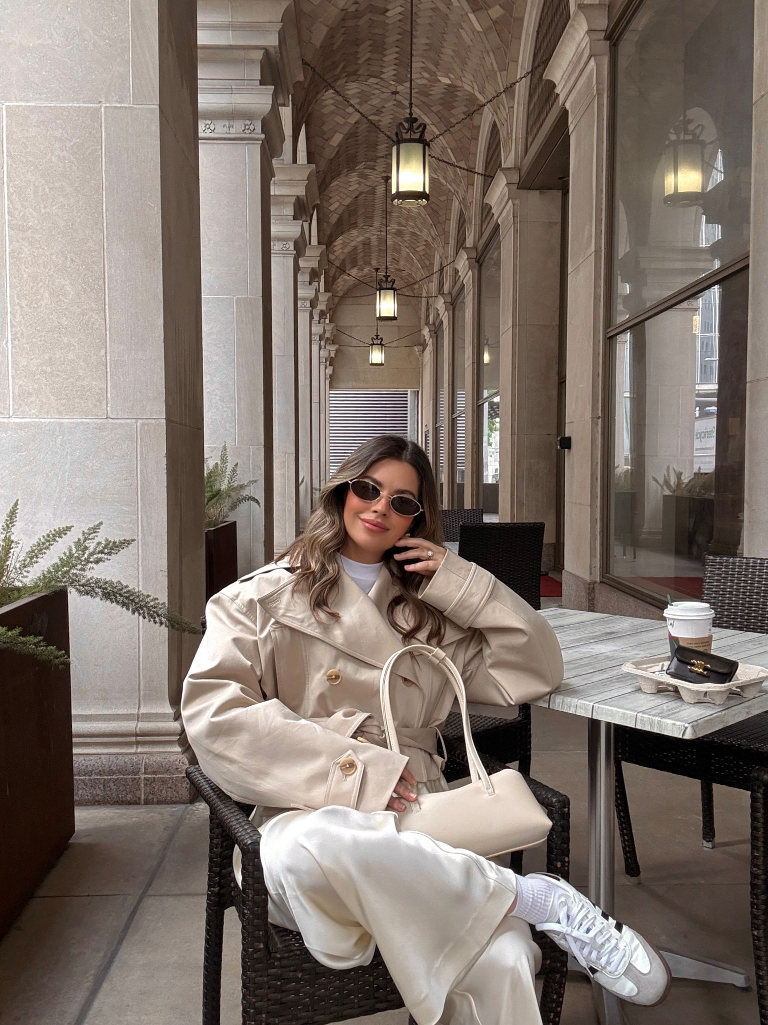 Trench coat at satin pants