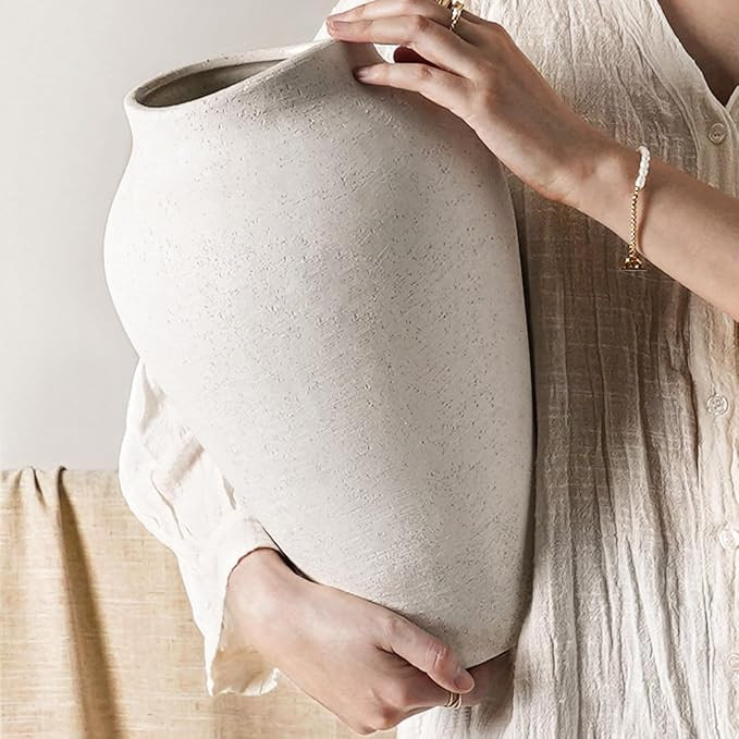 White Ceramic Vase - Large 13.6 Inch Tall Floor Vase for Centerpieces, Farmhouse Rustic Minimalis... | Amazon (US)