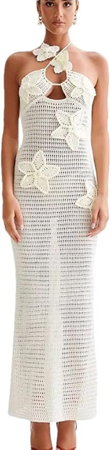 Women Floral Knit Sexy Maxi Dress Halter Sleeveless Backless Party Long Dress | Amazon (US)