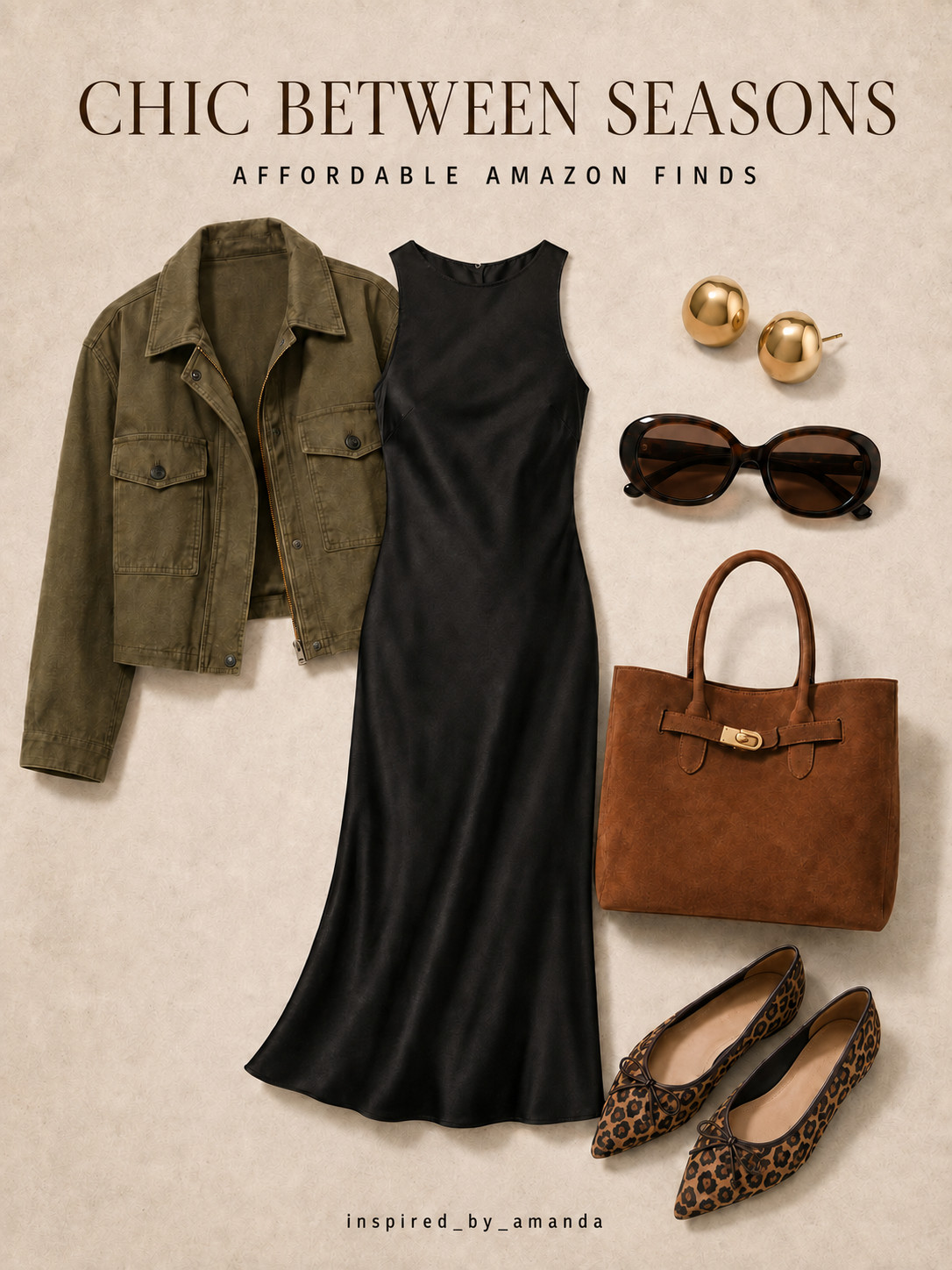 Affordable Amazon finds that look anything but affordable 🤎

This outfit is perfect for that in-between season: wear the black satin dress and leopard flats now, then add the olive utility jacket as the weather cools. Finished with a cognac suede tote, tortoiseshell sunglasses and chunky gold earrings for an elevated touch. 

 #LTKootd #LTKPetite