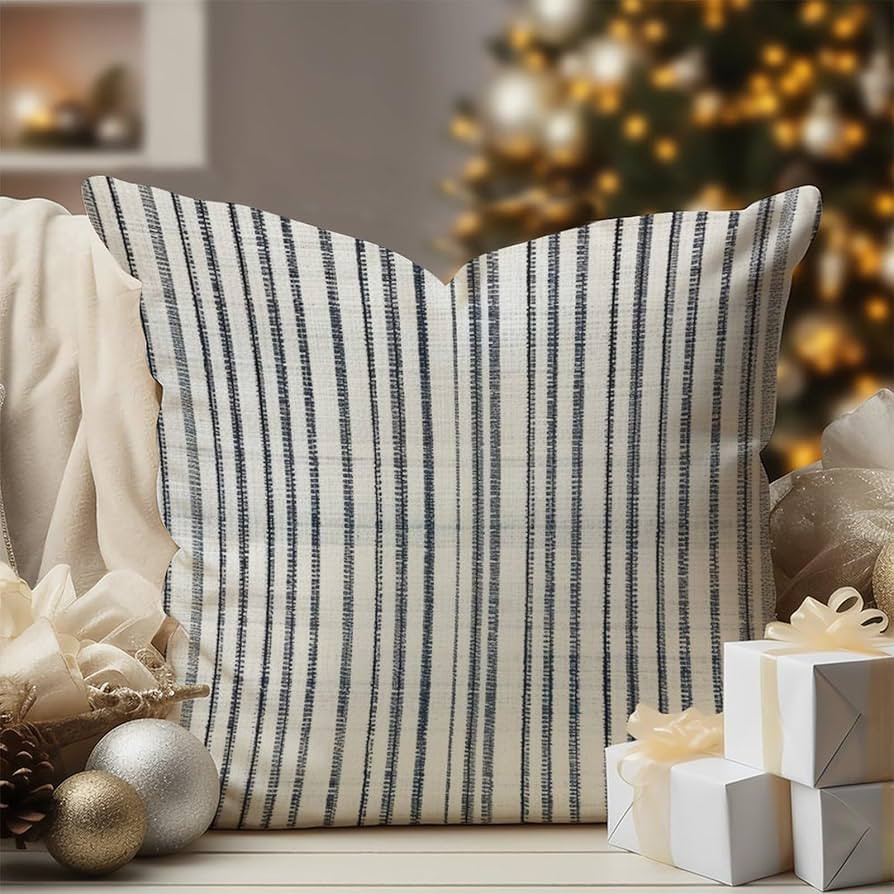 Blue French Ticking Stripes Throw Pillow Cushion Ink Blue and White Stripes Throw Pillow Chinoise... | Amazon (US)