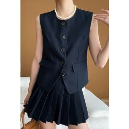Button Front Vest Blazer and Pleated Mini Skirt Set in Navy | Chicwish