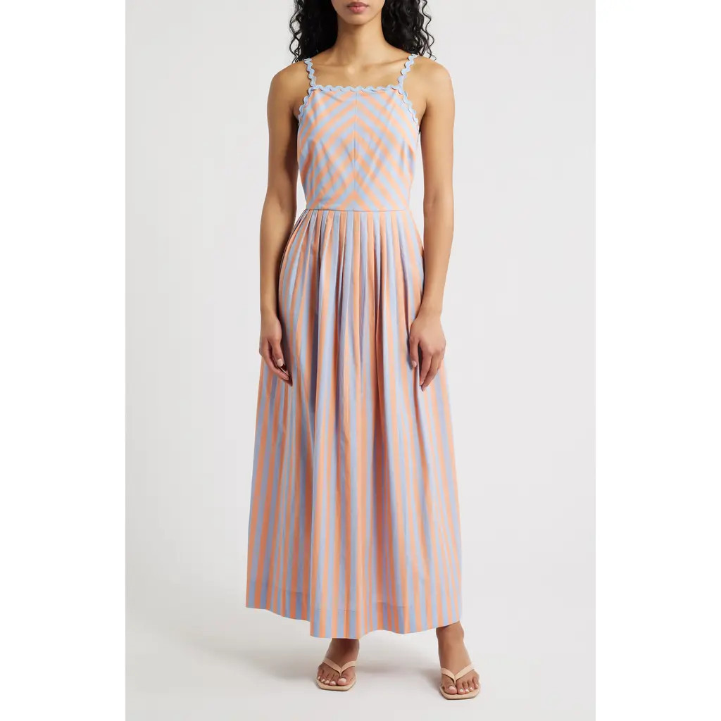 Saylor Imelda Stripe Cotton Fit & Flare Sundress in Blue/Peach at Nordstrom, Size Medium | Nordstrom