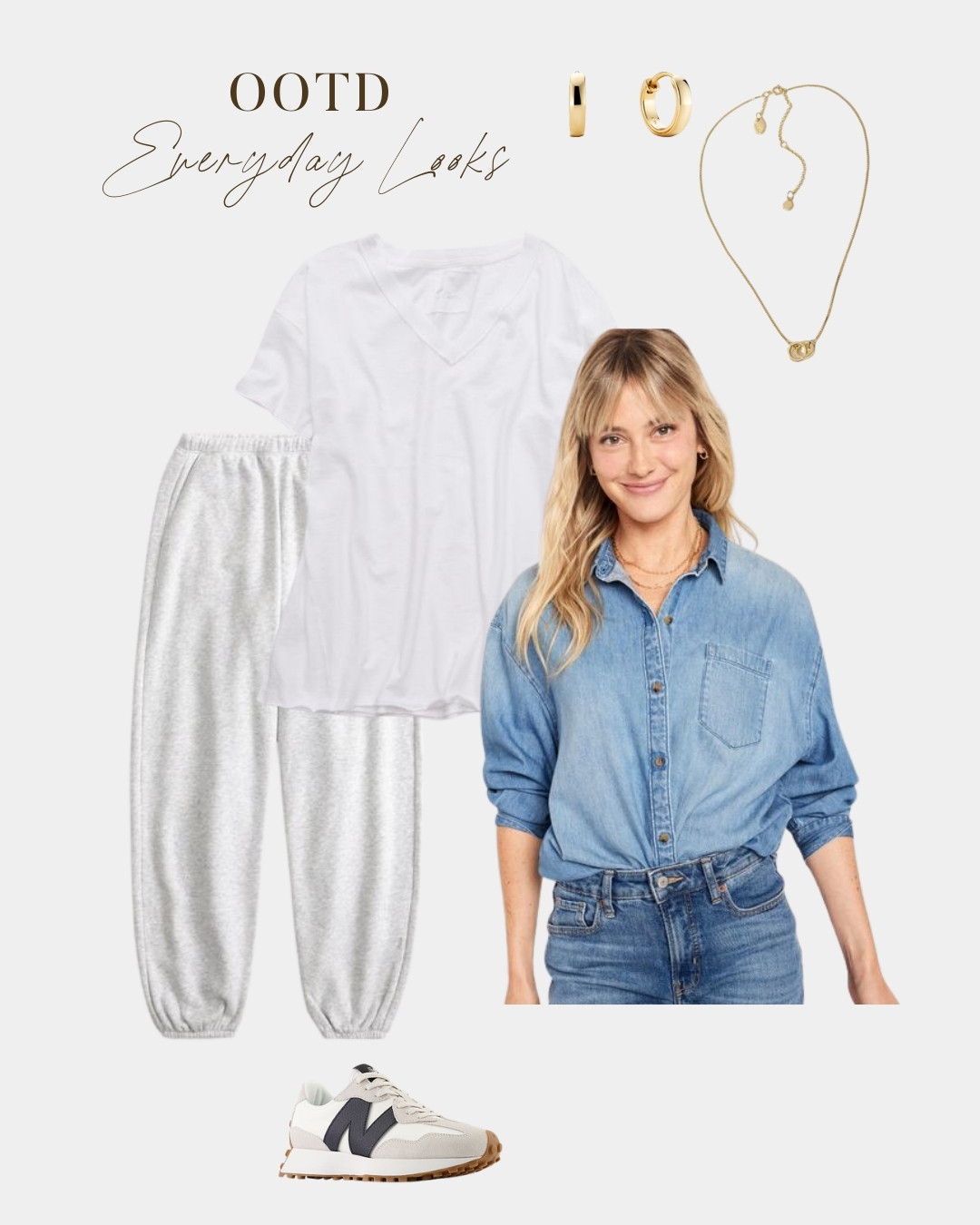 Casual everyday outfit ideas for spring. A comfortable athleisure inspired look featuring Abercrombie Sunday sweatpants, an oversized tee, a denim shirt, and New Balance sneakers. Easy to style and perfect for running errands or low-key days.  

 #LTKootd #LTKmomlife #LTKOver40