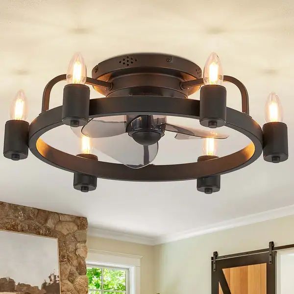 20 in. Modern Farmhouse Ceiling Fan LED Low Profile Flush Mount Ceiling Fan Light with Remote for... | Bed Bath & Beyond