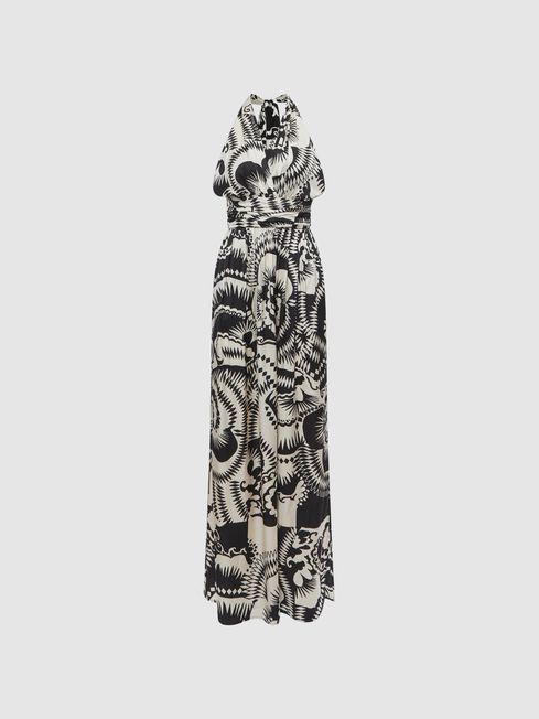 Reiss Black/White Hallie Printed Halter Neck Maxi Dress | Reiss US