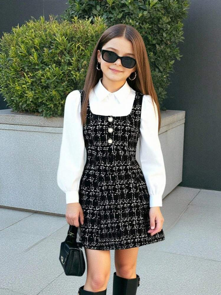 SHEIN Tween Girls Elegant Princess Tweed Print Sweet & Cute Woven Patchwork Dress, Fashionable Casual Versatile Suitable For Any Occasion, Party, Ceremony, School Fall Winter | SHEIN