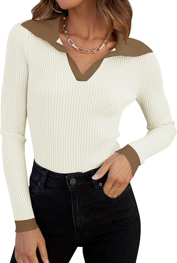 ZESICA Women's 2024 Fall V Neck Shirts Long Sleeve Ribbed Knit Sweater Lapel Slim Fitted Casual B... | Amazon (US)