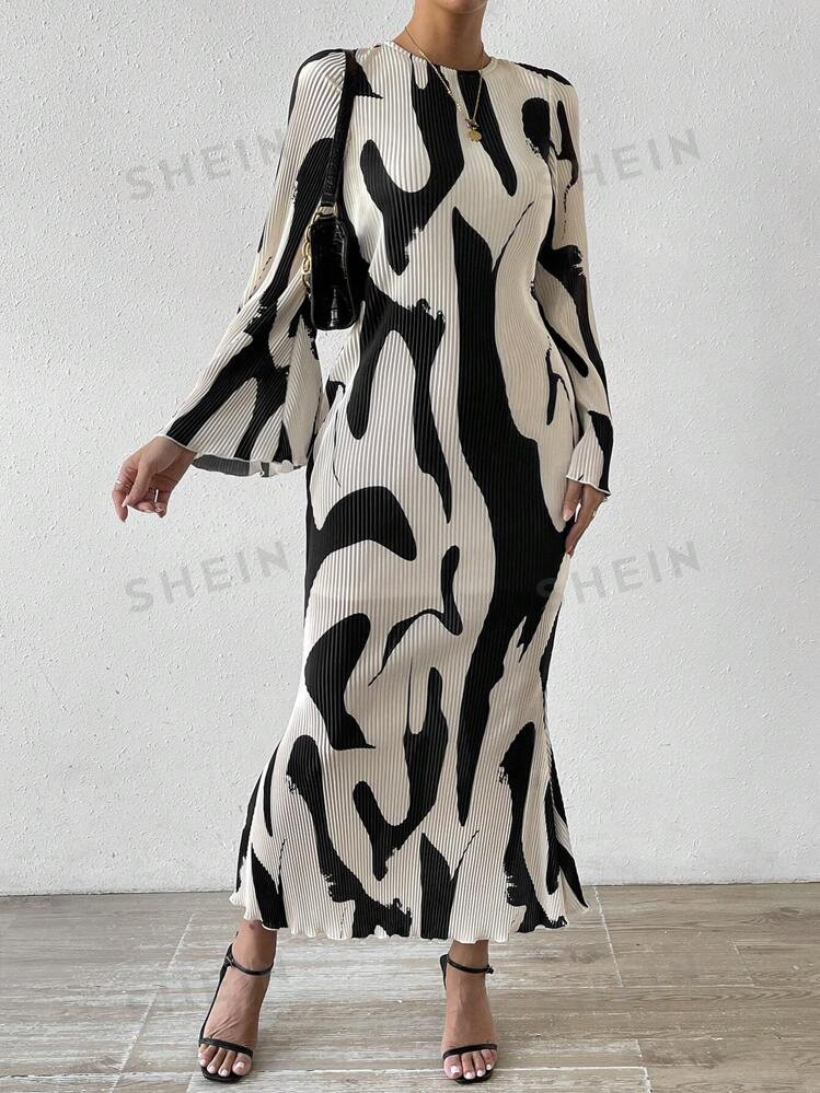 SHEIN Privé Allover Print Flounce Sleeve Mermaid Hem Dress | SHEIN USA | SHEIN