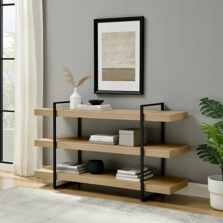 Manor Park 60" Industrial 3-Shelf Metal and Wood Bookshelf, Coastal Oak | Walmart (US)