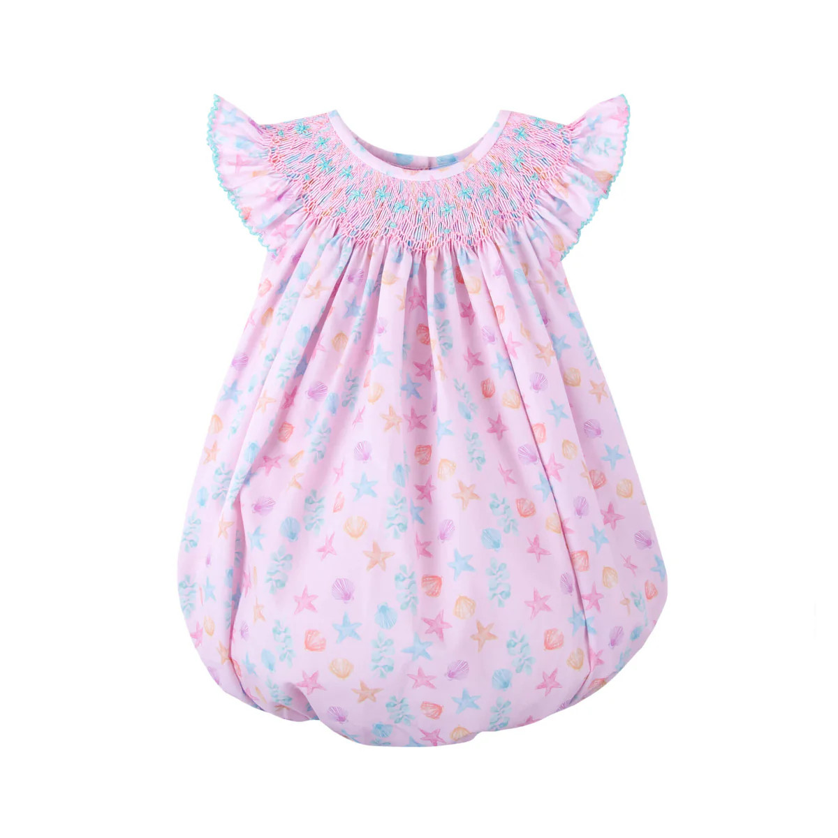 Seashell Seashore Print Geo Smocked Pink Angel Sleeve Bubble | Classic Whimsy