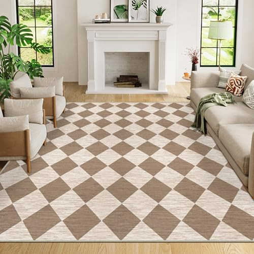 Capslpad Area Rug 8x10 Washable Rugs for Living Room Moroccan Trellis Non Slip Large Carpet Low Pile Brown and Beige Checkered Soft Rug Breathable Stain Resistant Textured Rug for Bedroom Kitchen | Amazon (CA)